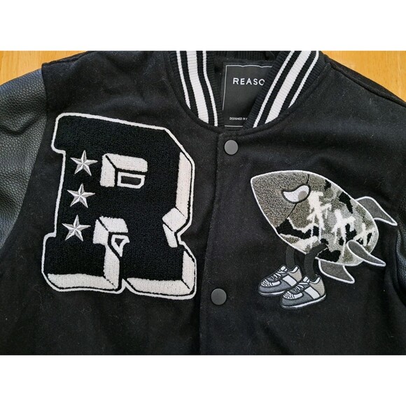 REASON Sport Varsity Letter Bomber Jacket Men's Sz Small Black Wool Blend Lined - Picture 4 of 13